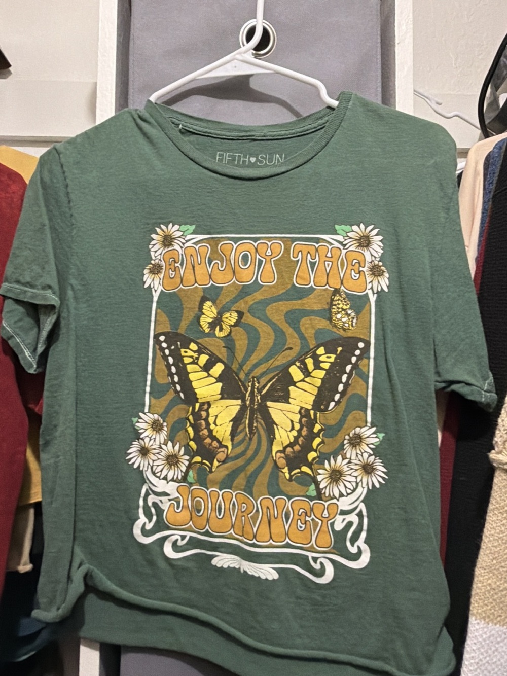 Fifth Sun Green Tee with Yellow Butterfly Graphic